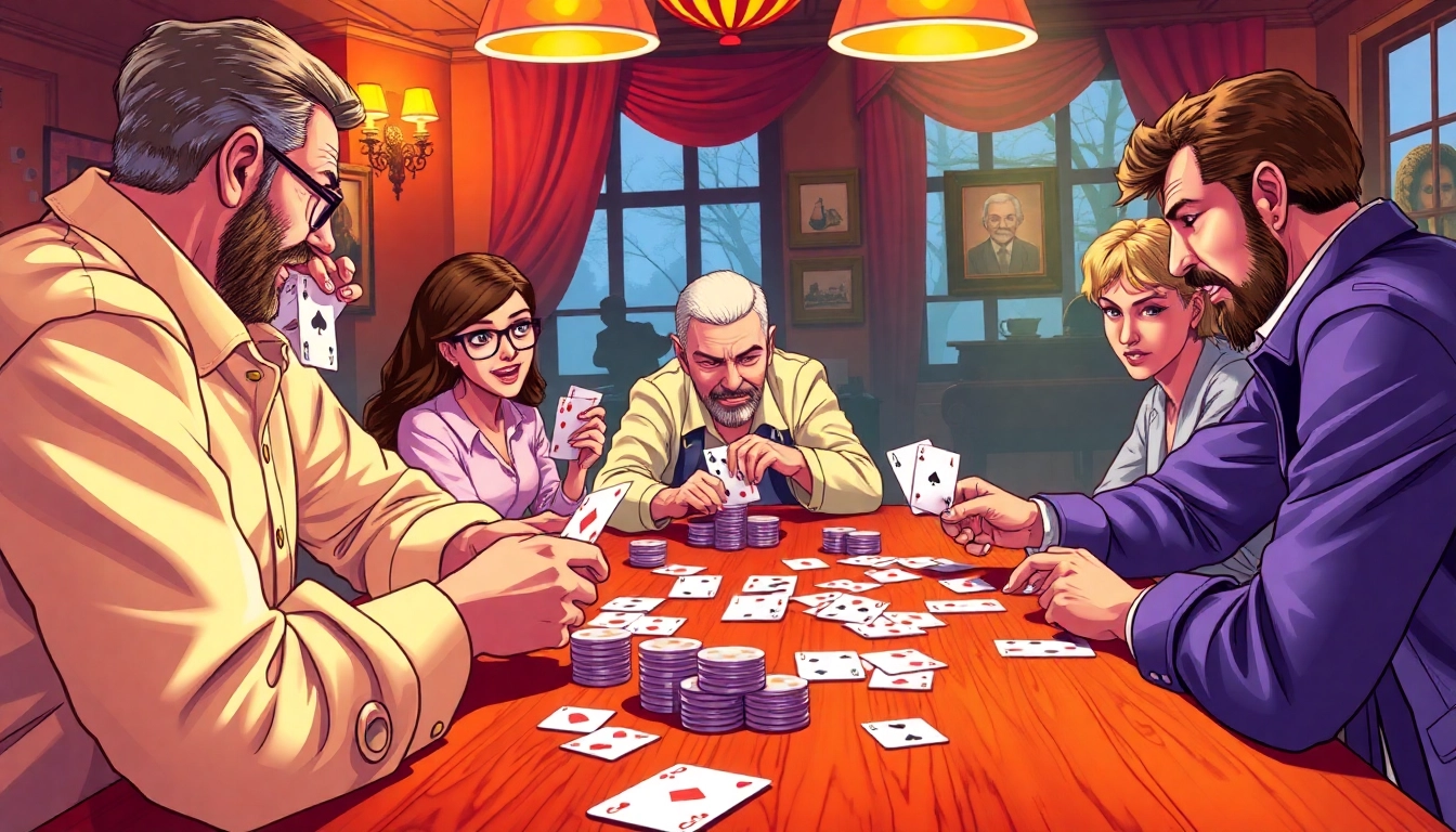 Engage in rummy wealth with players focused on a lively card game, showcasing vibrant cards and expressions.