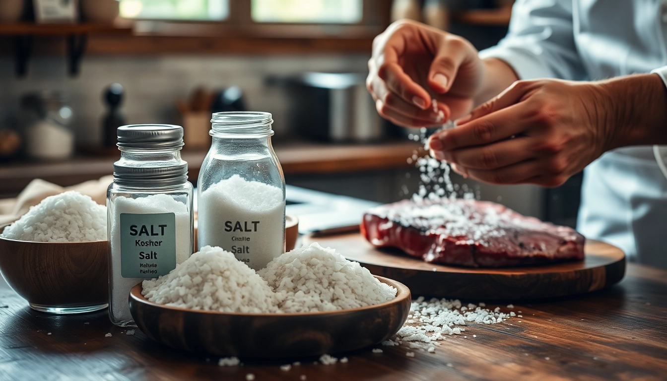 Salting with various salts, a chef prepares meat highlighting culinary techniques.