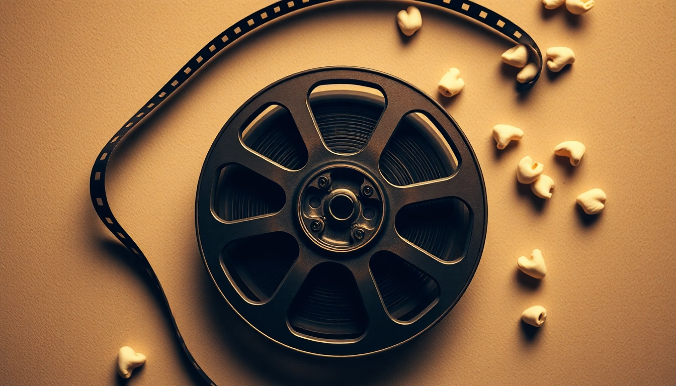 Discover public domain movies on YouTube with a vintage film reel and popcorn, evoking nostalgia and enjoyment.