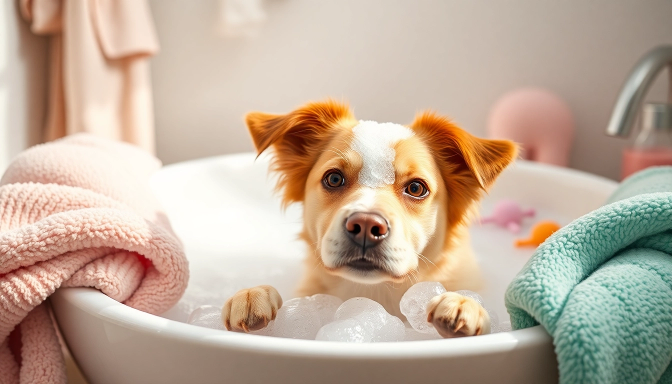 Pamper your pet with a luxurious bubble bath experience, featuring a happy dog surrounded by soft towels and toys.