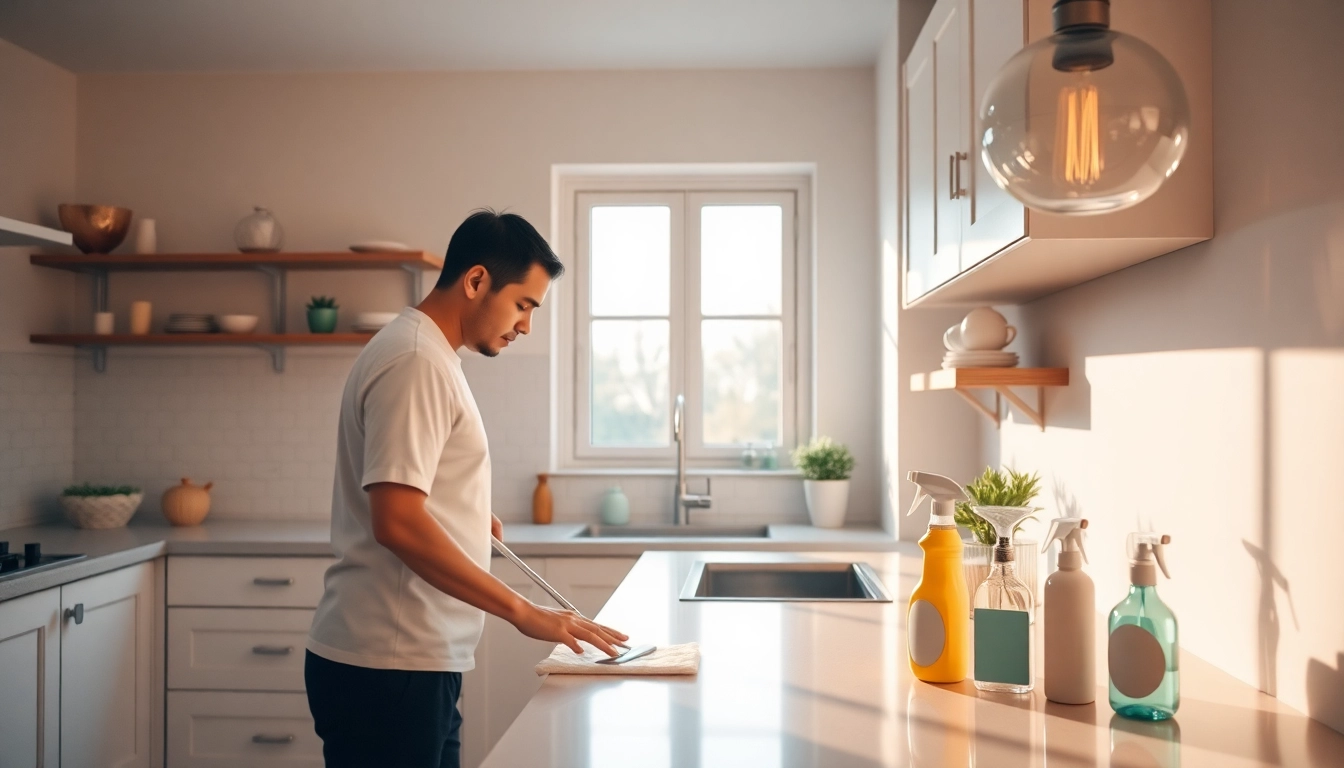 Professional cleaner working in a fresh kitchen by our trusted cleaning company in jacksonville.