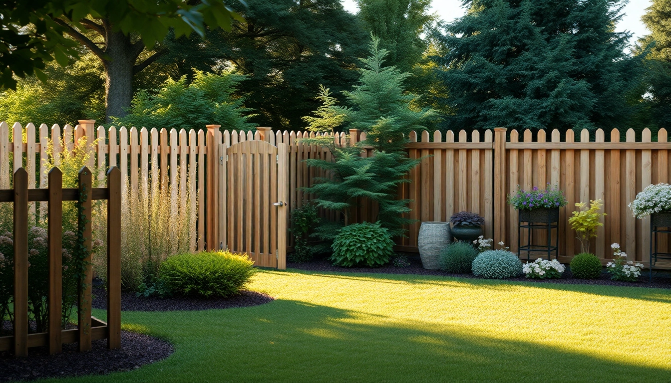 Browse fencing styles from fencing companies Manchester, showcasing elegant wooden and modern metal options in a lush garden.