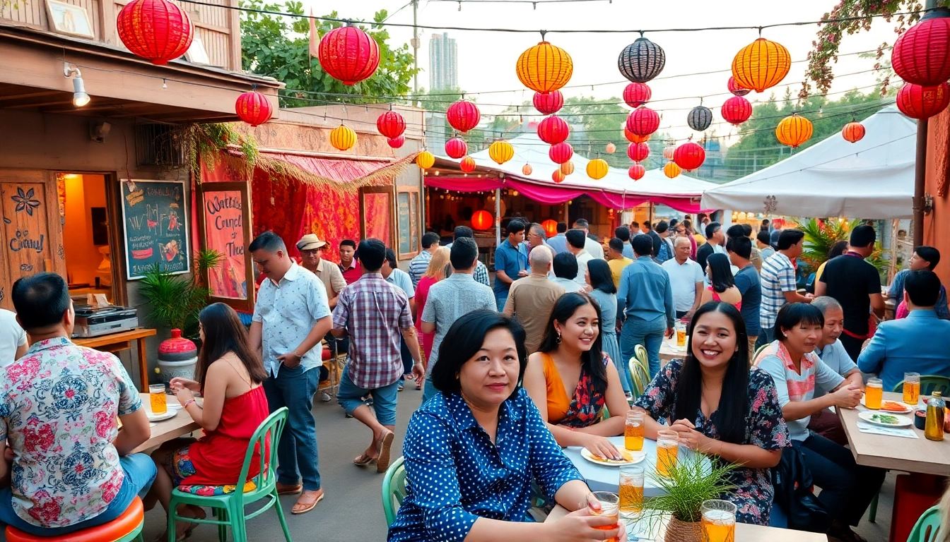 Guests celebrating a unique event outdoors with vibrant decorations and joyful expressions.