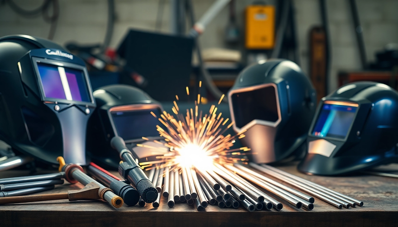 Explore high-quality welding supplies near me, including helmets, tools, and metal rods on a workshop table.