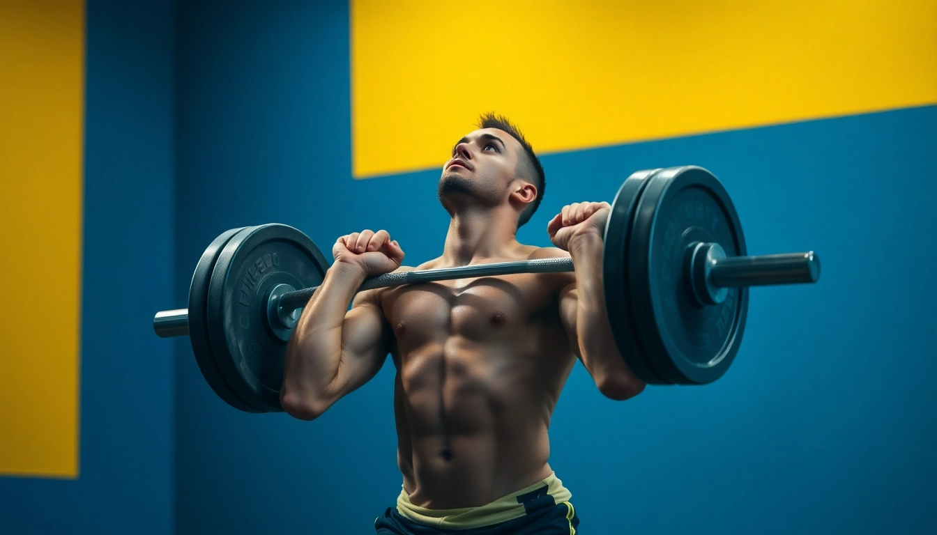 Weightlifting athlete executing a clean and jerk with intense focus and strength.