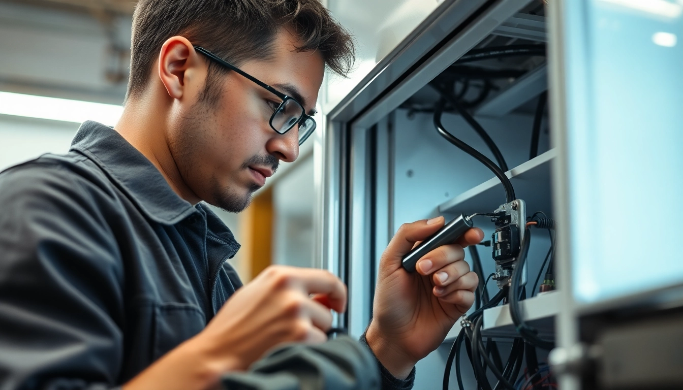 Technician fixing a soda cooler repair, focused on electrical components and tools.