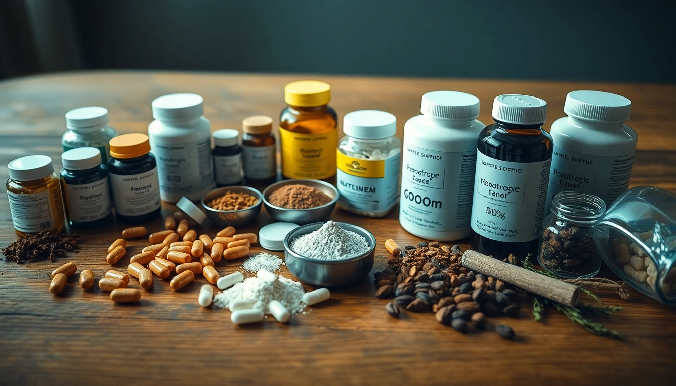 Enhance your focus with nootropics: visually striking layout of herbal supplements and capsules.