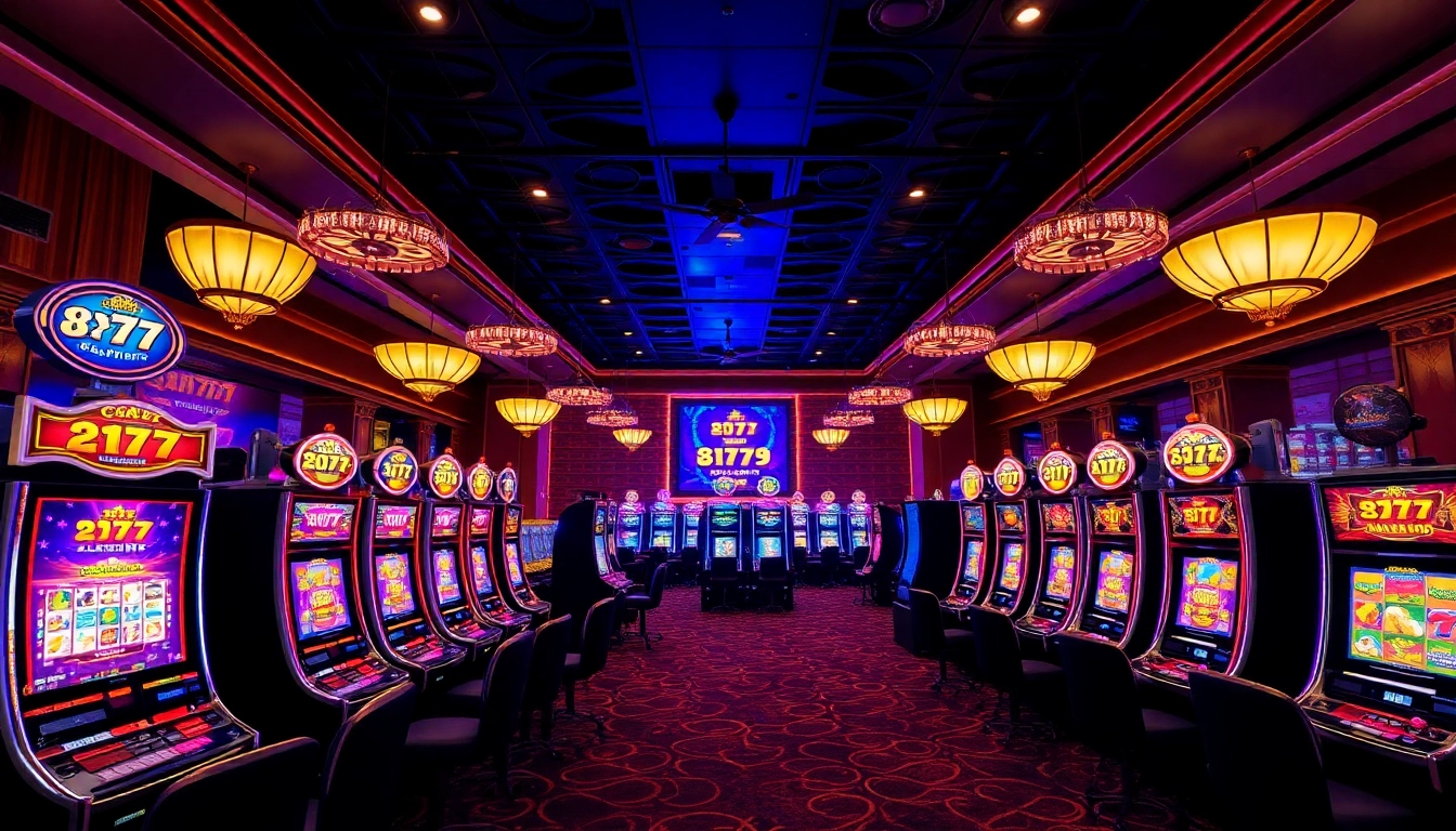 Experience the excitement of สล็อต777 with colorful slot machines in a luxurious casino setting.