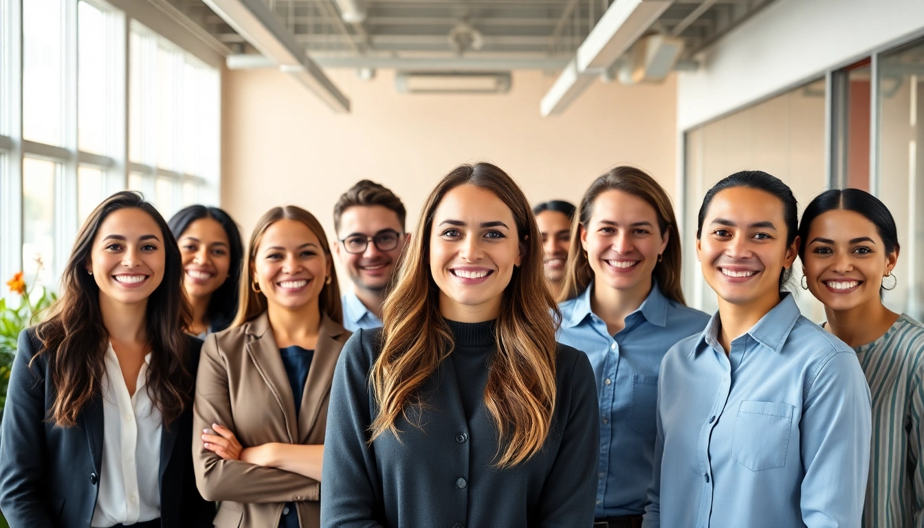 Professionals posing for stunning company headshots in a bright office setting, showcasing diversity and professionalism.