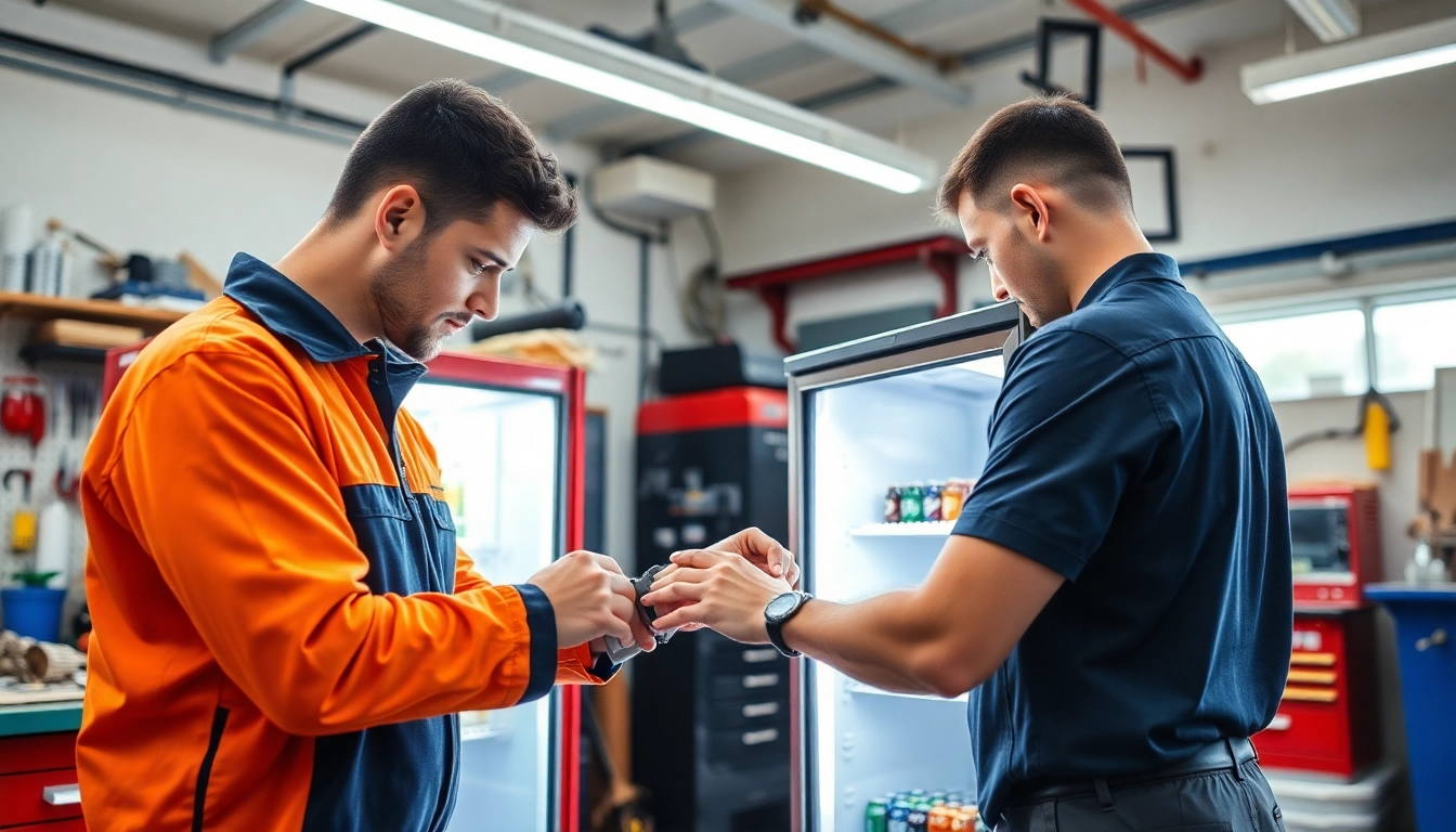 Professional technician performing soda cooler repair in a bright workshop setting.