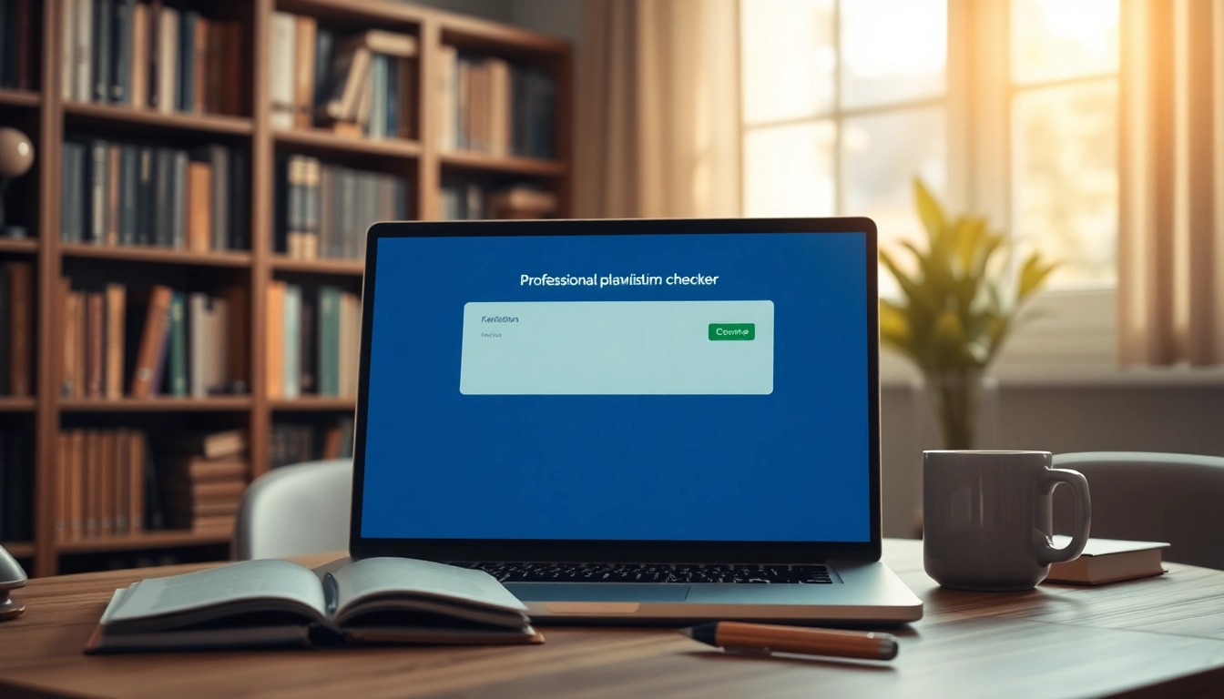 Check for plagiarism using an advanced plagiarism checker on a laptop in a cozy office.