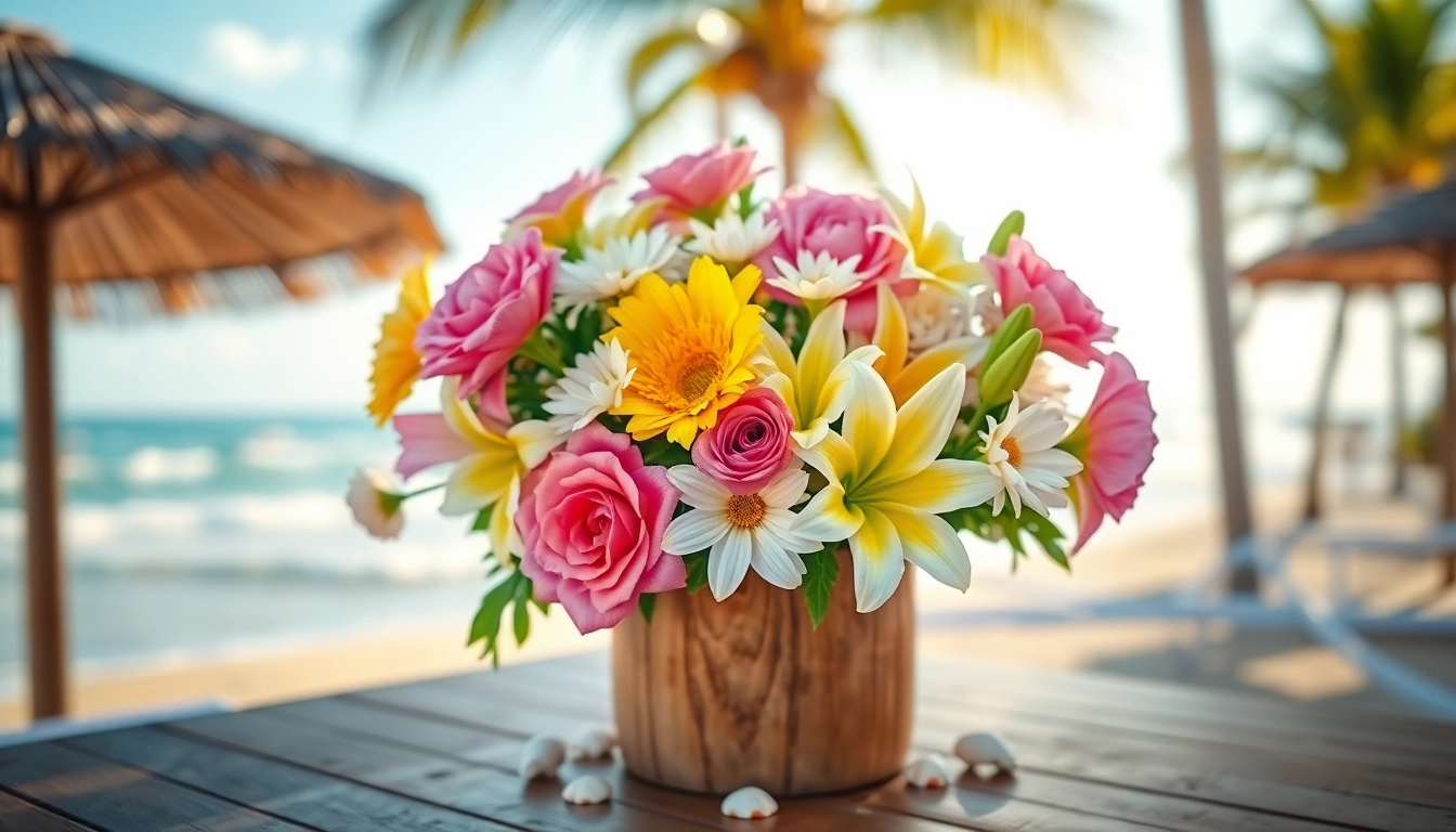Huntington Beach florist showcasing a vibrant floral arrangement on a beachside table.