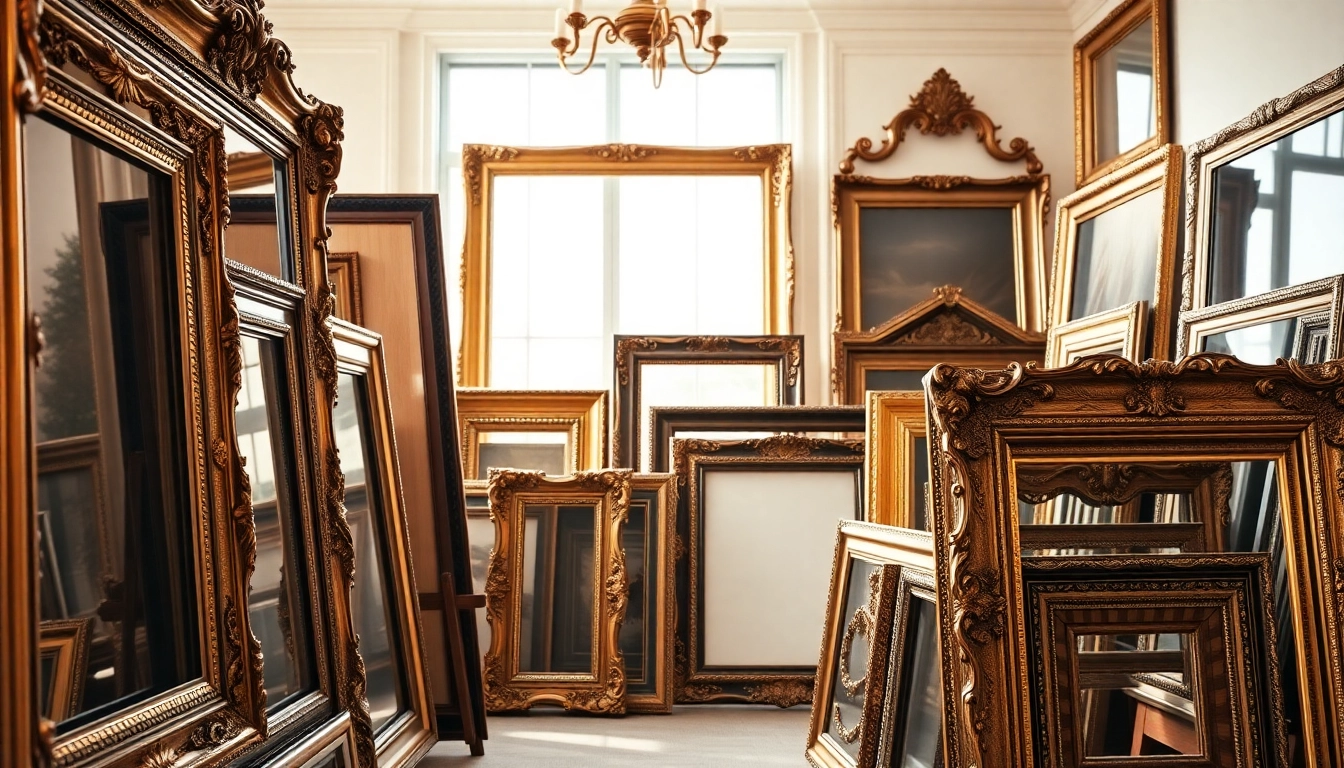 Showcasing ornate picture frames with intricate designs and lush textures in an elegant setting.