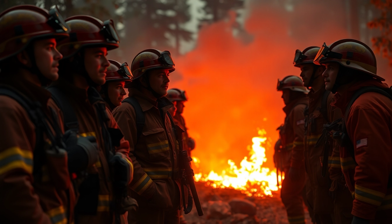 Firefighters coordinating during wildfire events amidst smoke and embers, showcasing urgent teamwork.