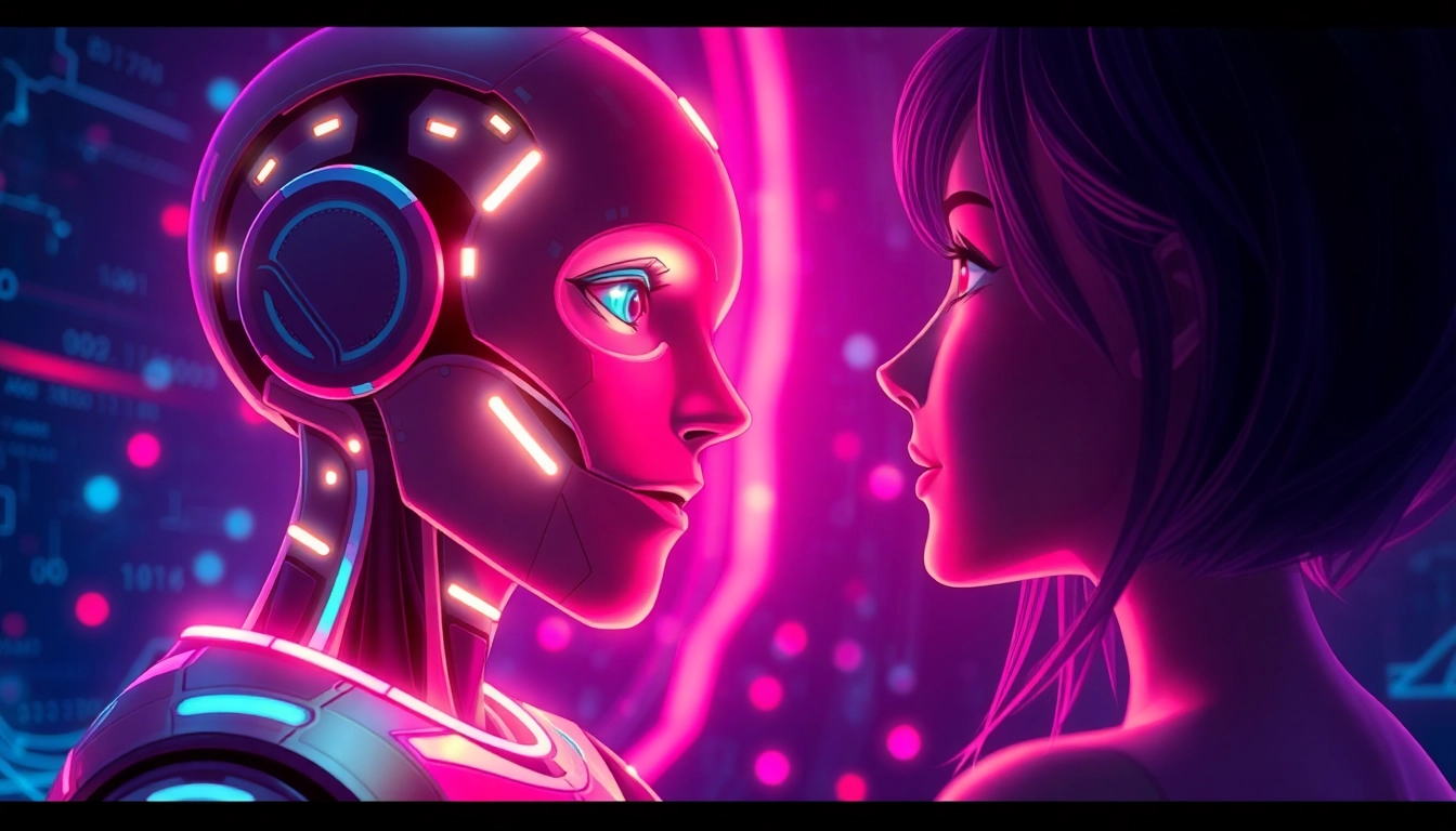 Engaging character ai +18 chat with a futuristic AI in a neon-lit digital landscape.
