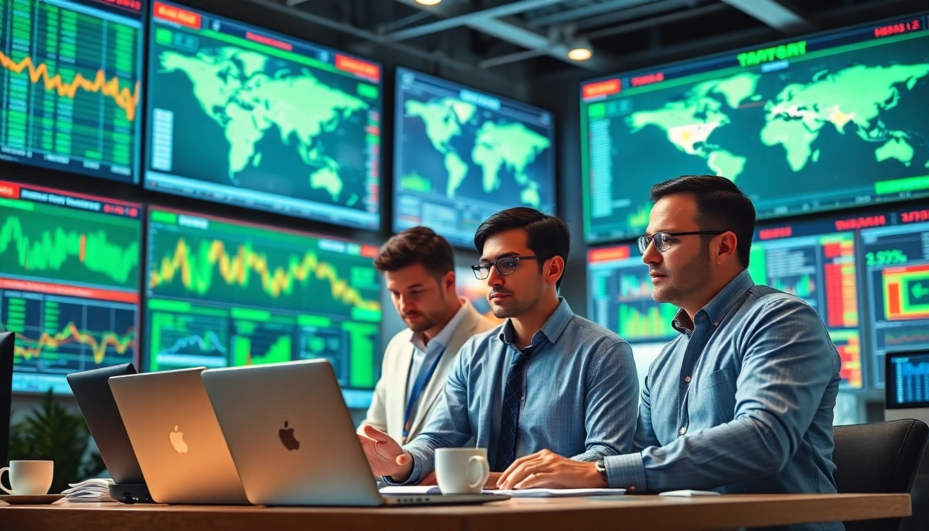 Traders engaged in discussions about trade futures in a modern office environment.