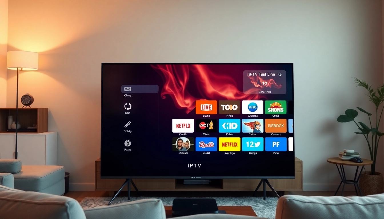 Stream IPTV test line on a modern TV in a cozy setting with vibrant channel options.