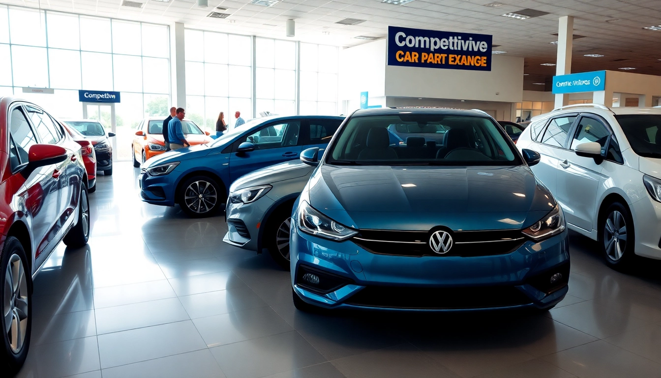 Explore Competitive car Part Exchange with a vibrant dealership showcasing various cars.
