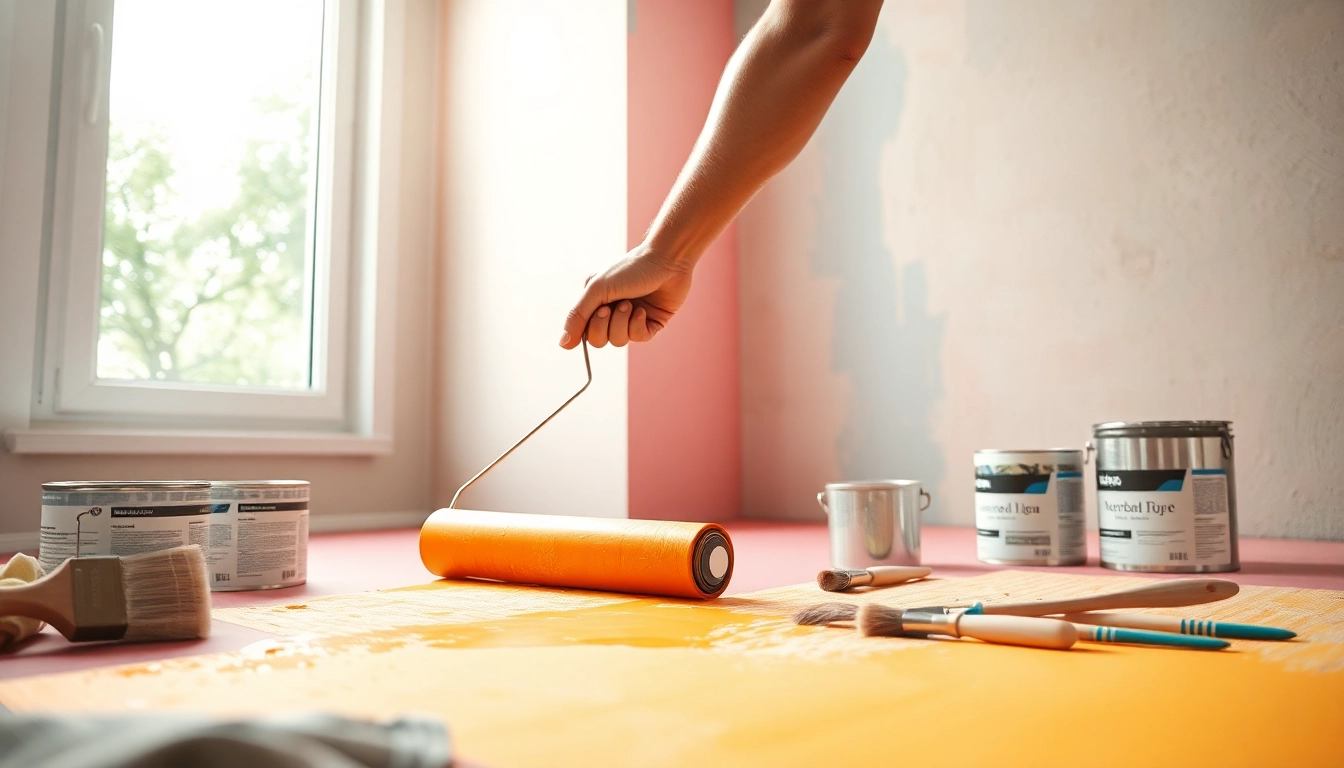 Painter skillfully applying vibrant paint during drywall painting process in a bright interior.
