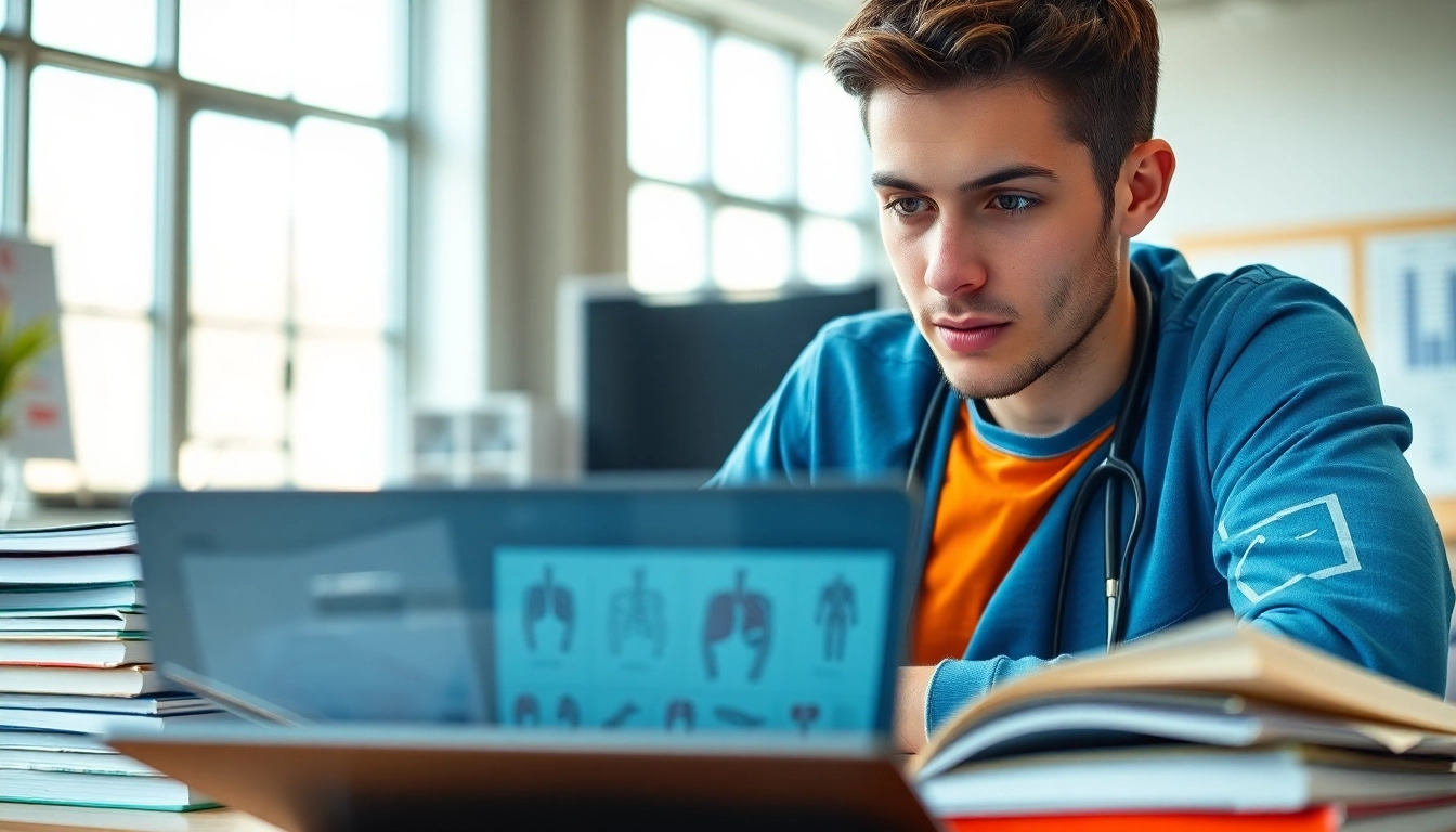 Medizinstudium ohne NC: Engagierter Student in modernem Klassenraum mit medizinischen Büchern.