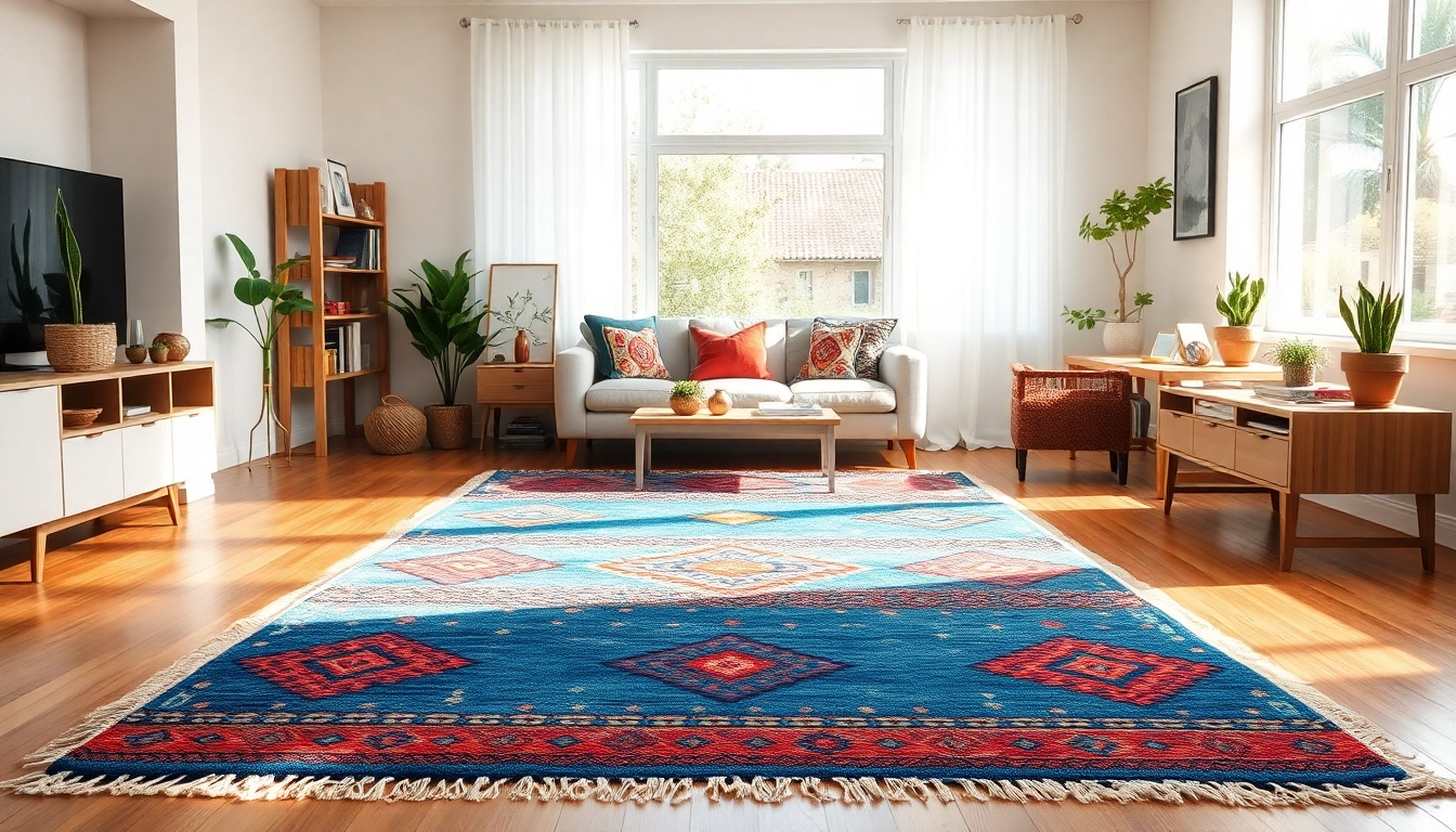 Showcase the exquisite Boucherouite rug collection at https://labboho.com/collections/boucherouite-rugs in a contemporary setting.