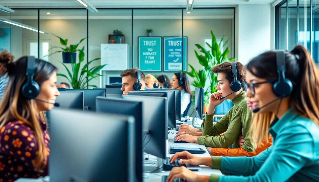 Outsource Call Center Services: Engaged professionals in a modern workspace providing customer support.