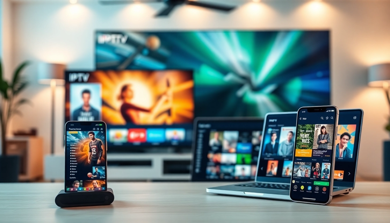 Explore IPTV Subscription USA services with a vibrant streaming setup on smart devices.