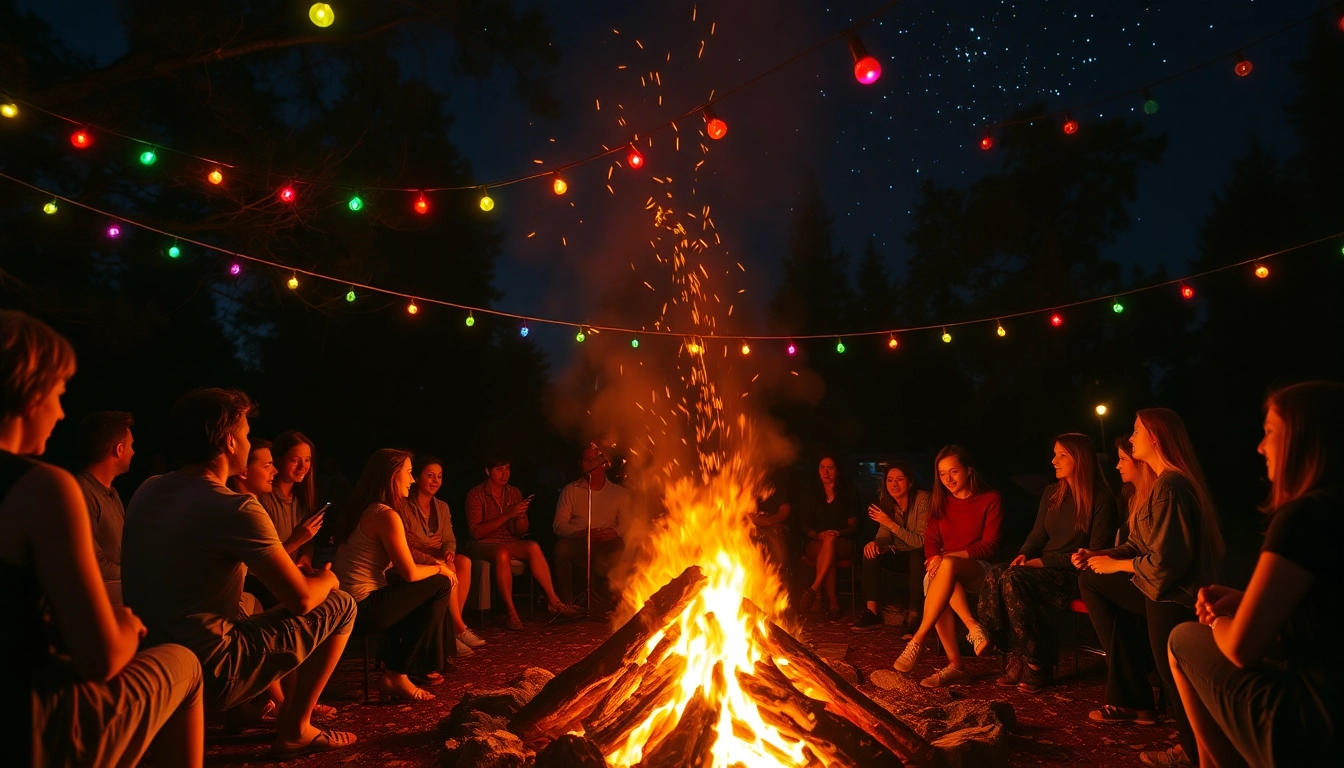 Experience engaging wildfire events with a bonfire gathering under a starlit sky.