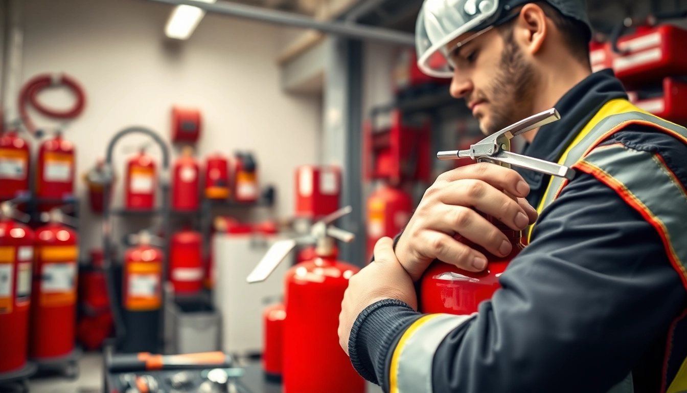 Fire extinguisher servicing Lichfield by a professional technician in a clean, bright workshop.