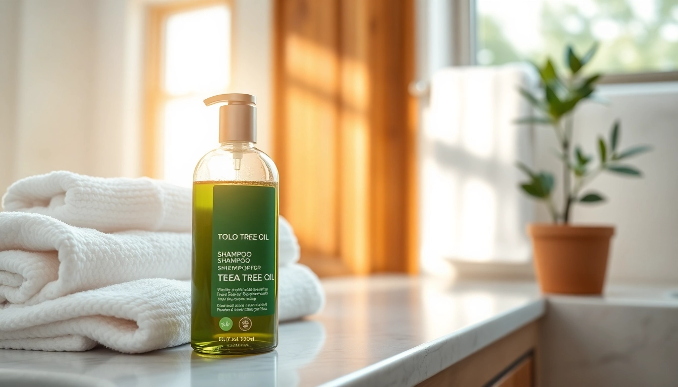 Apply shampoo with tea tree oil for nourished, healthy hair in a spa-like bathroom setting.