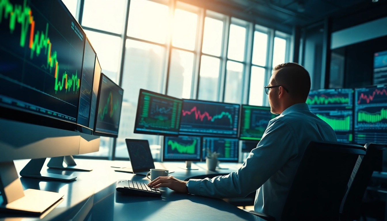 Engaged trader analyzing data on trade futures using high-tech screens and charts.