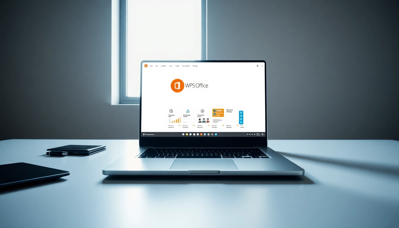 Download wps office下载 to enhance your productivity with this sleek office setup featuring WPS Office on a laptop.