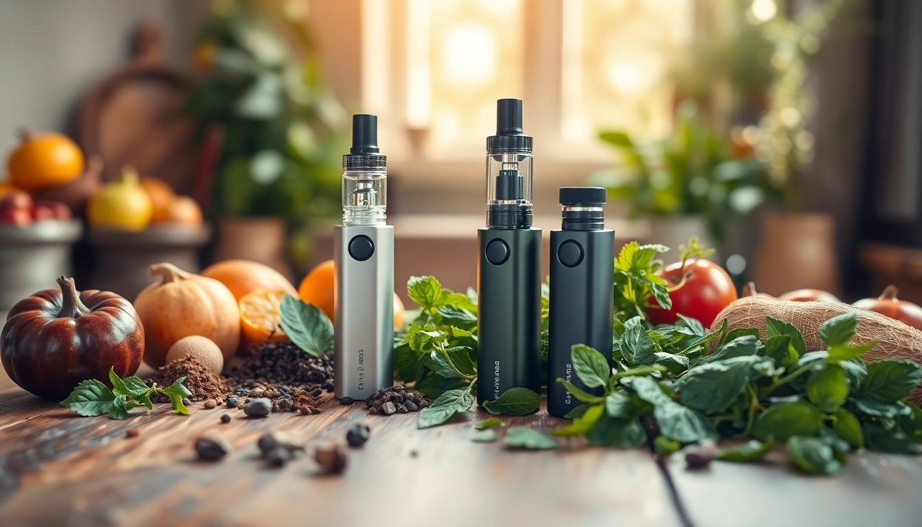 Engaging display of healthy vapes alongside fresh herbs and fruits, promoting wellness and lifestyle.