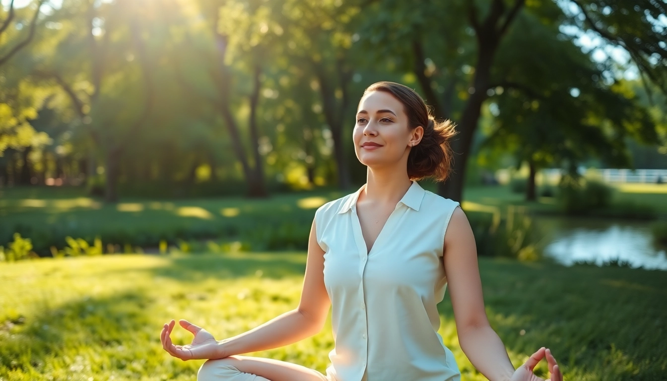 Yoga practice for dealing with stress in a lush outdoor setting promoting relaxation and calmness.