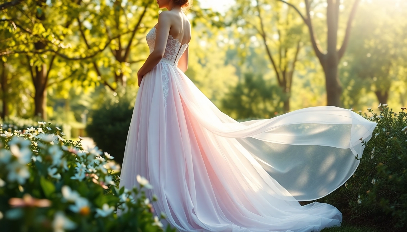 Bride showcasing vibrant Coloured Wedding Dresses in a sunlit garden setting.
