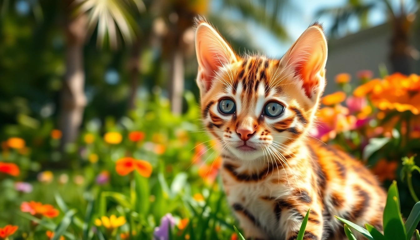 Bengal Breeders Orange County exhibit vibrant, playful Bengal kitten in sunny garden setting.