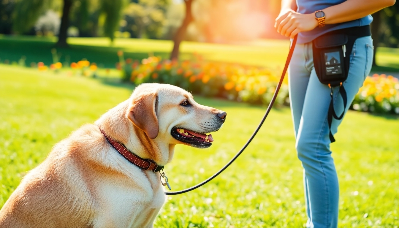 Trainer demonstrating positive techniques during Dog Training Irvine session with a Labrador in a sunny park.