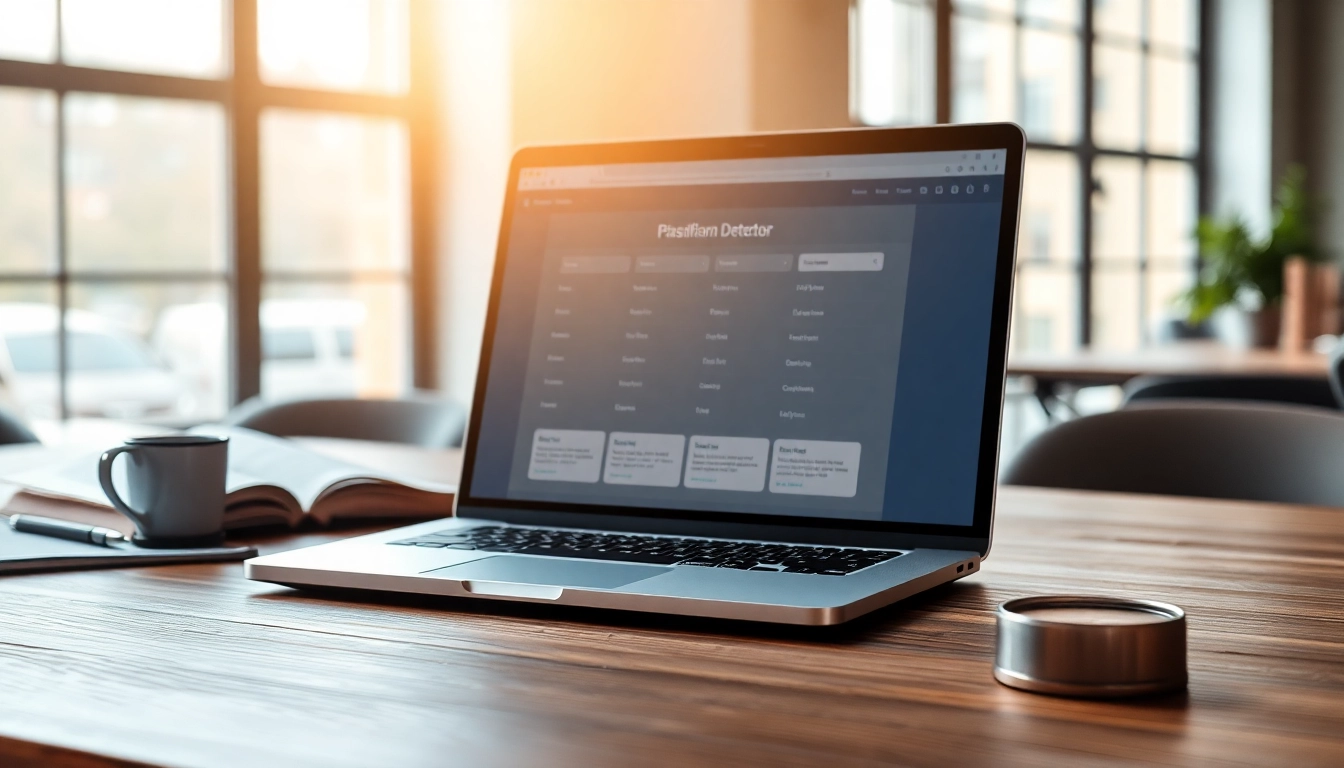 Showcasing a plagiarism detector software interface on a laptop in a modern office.