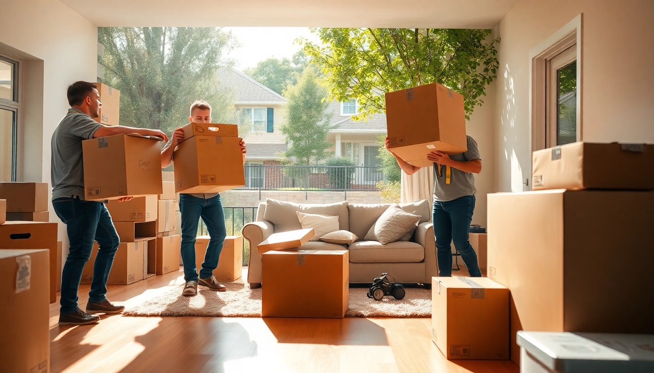 Dynamic scene of house moves with professional movers managing tasks and organized boxes.