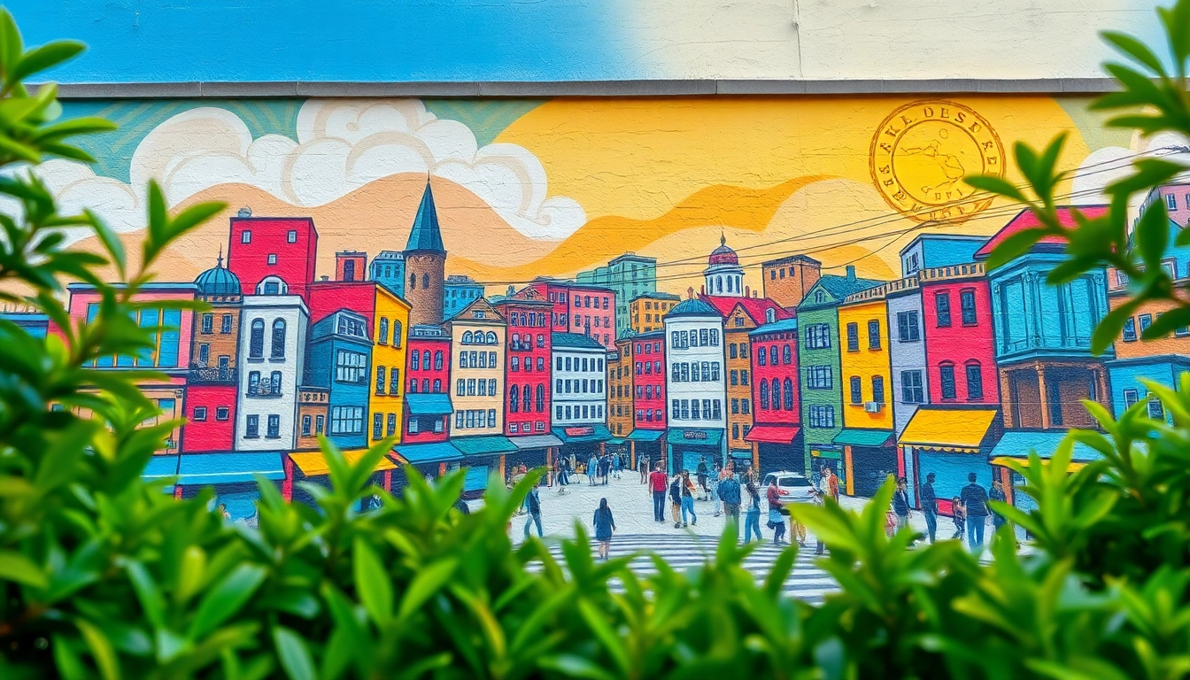 Murale depicting an engaging city scene, showcasing vibrant colors and lively elements, enhancing interior spaces.
