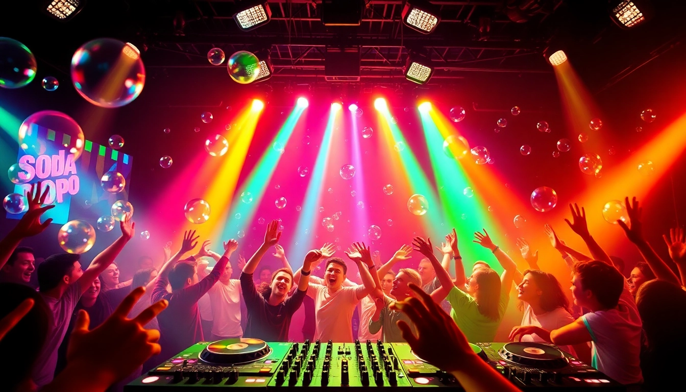 Experience the lively atmosphere of 汽水音乐网页版 with a vibrant music scene and colorful bubbles.