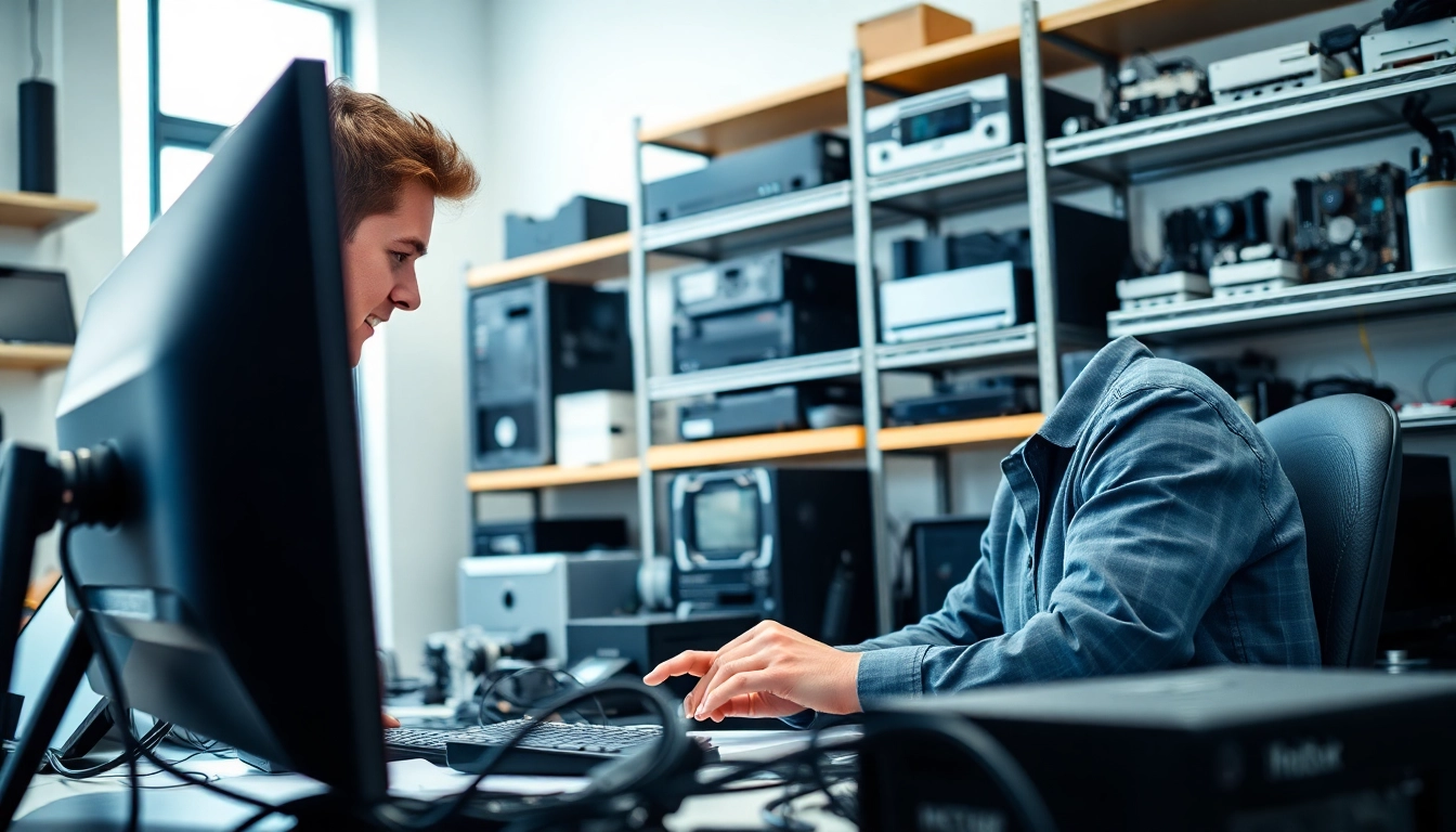 Technician providing computer services in a professional office environment with modern equipment and tools.