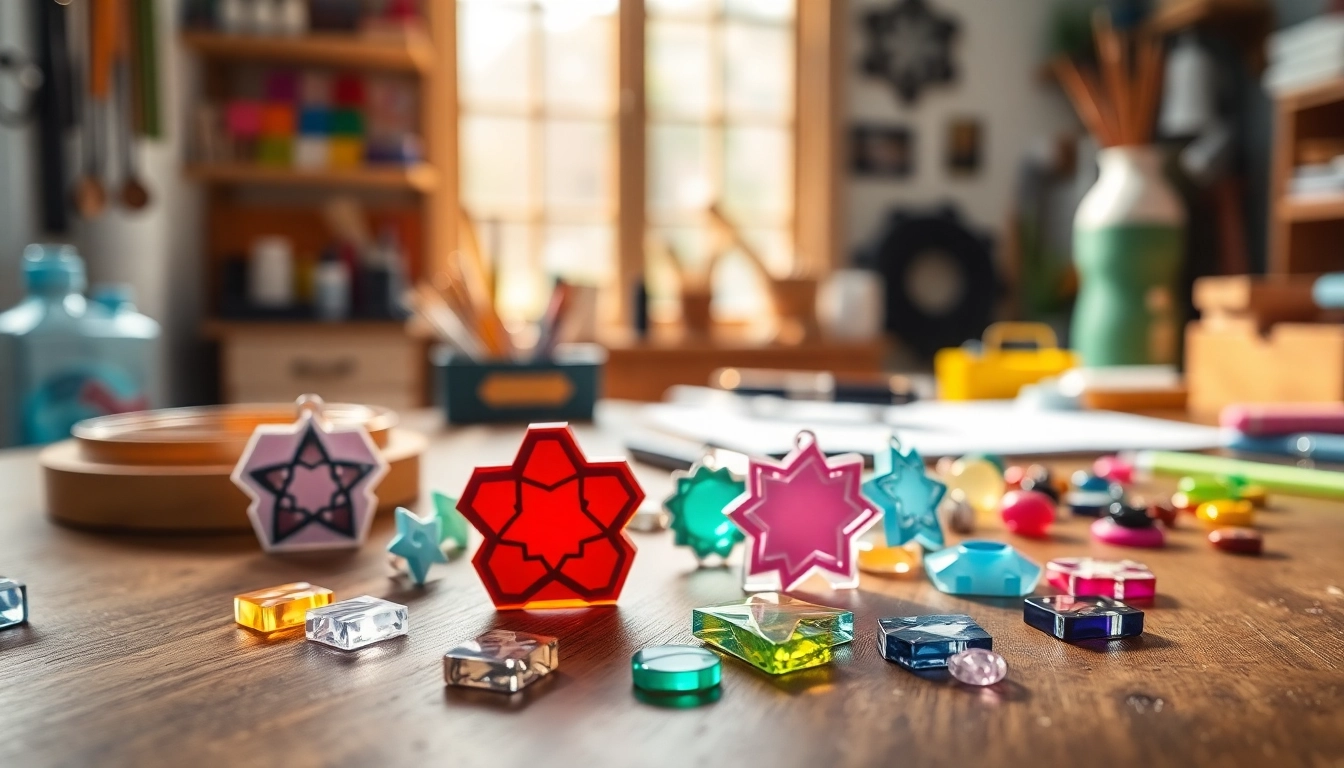 Showcase of various acrylic charms exhibiting bright colors and unique designs for creative projects.