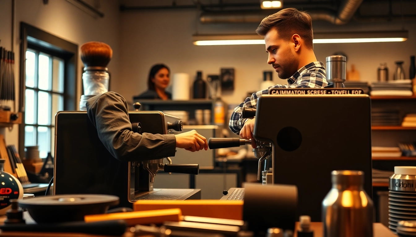 Cimbali service technique in action, showcasing an expert technician repairing an espresso machine.