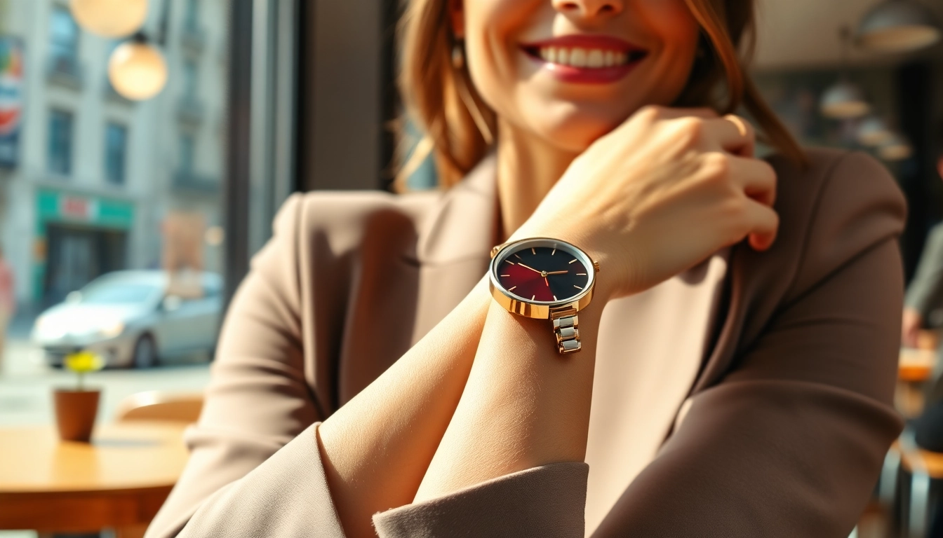 Elegante Damen Armbanduhren auf dem Handgelenk einer Frau im Café.
