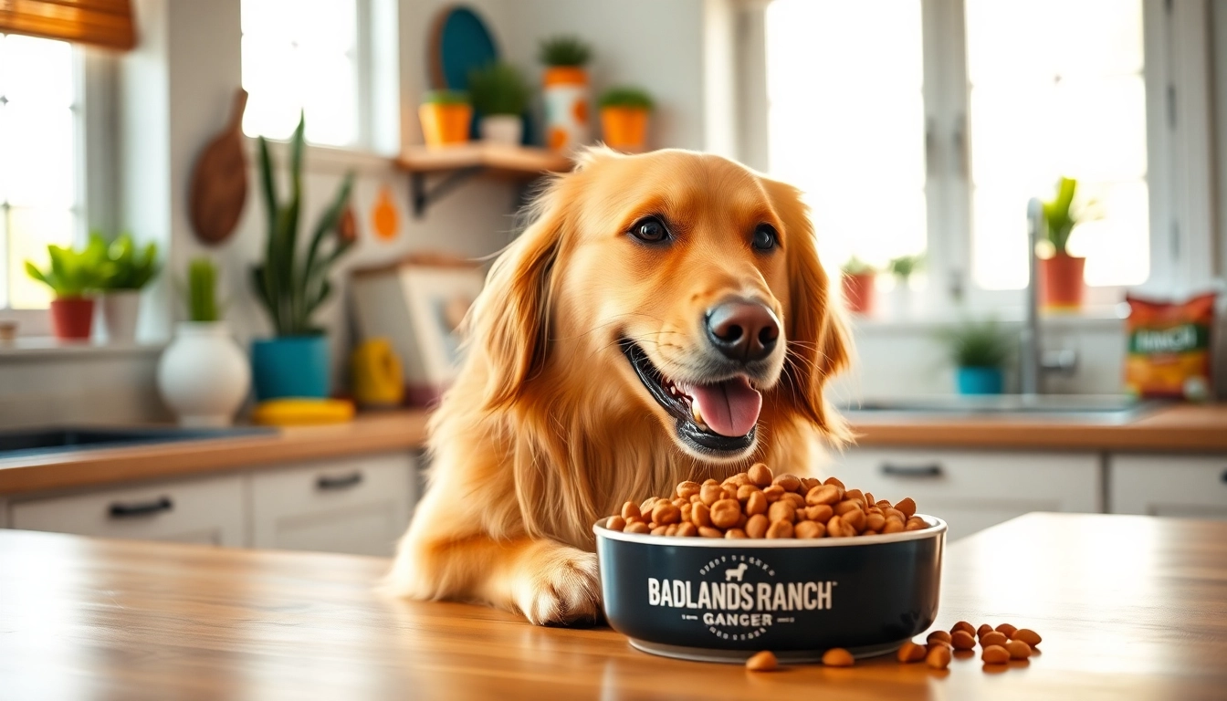 Golden retriever happily eating badlands ranch dog food in a sunlit kitchen.