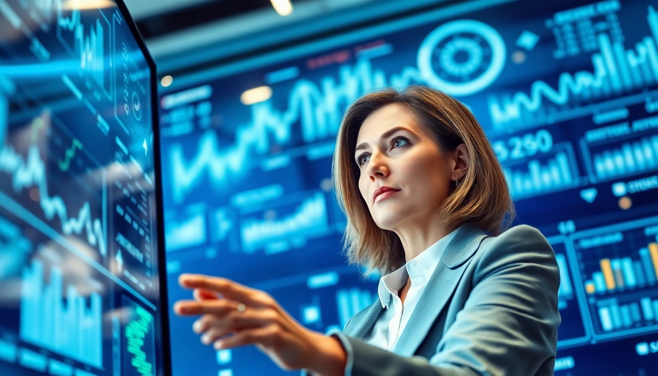Professional analyst using AI for competitive intelligence surrounded by digital dashboards.