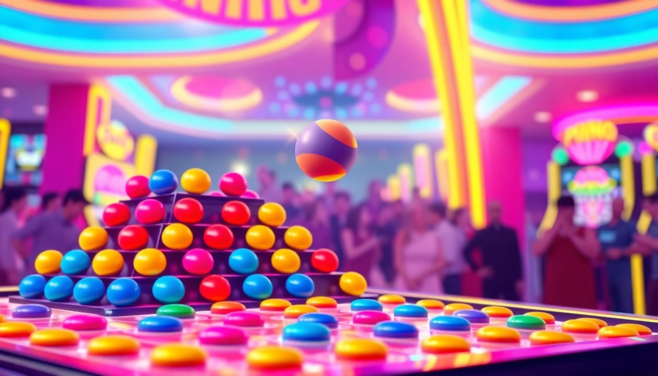 Bermain plinko slot dengan bola berwarna-warni menjatuhkan diri ke grid yang penuh cahaya.