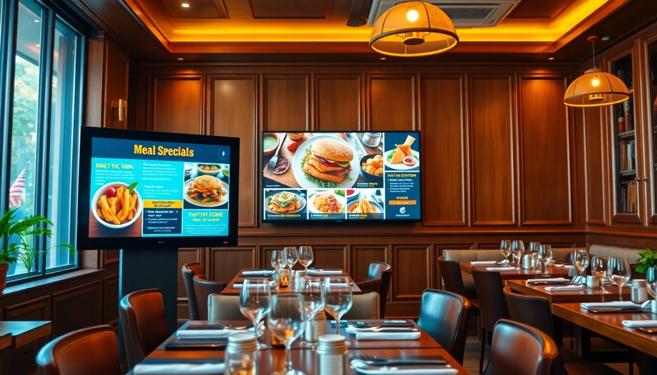Engaging digital signage for restaurants highlighting menu items in a cozy dining atmosphere.