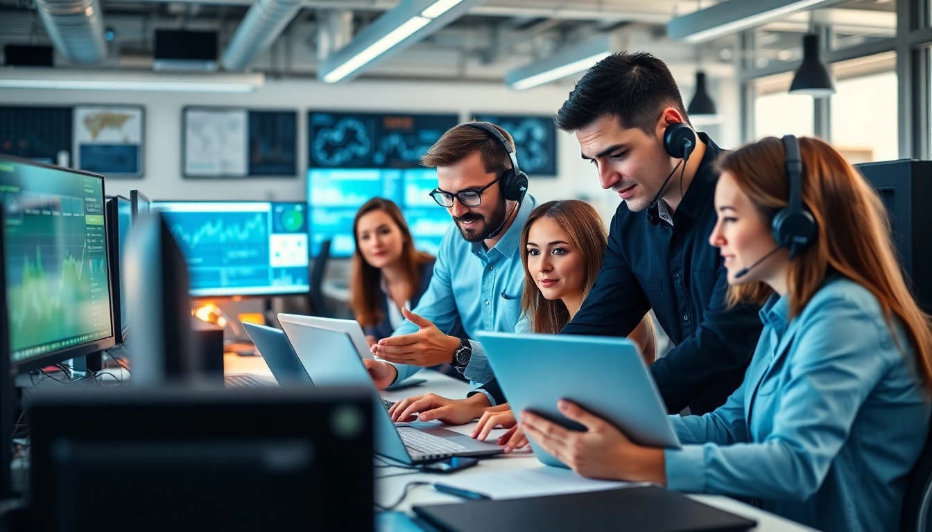 Engaging scene of managed IT support services specialists collaborating effectively in a modern workspace.